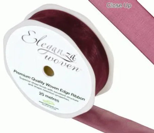 25mm x 20m Woven Edge Sheer Finish Ribbon - Burgundy