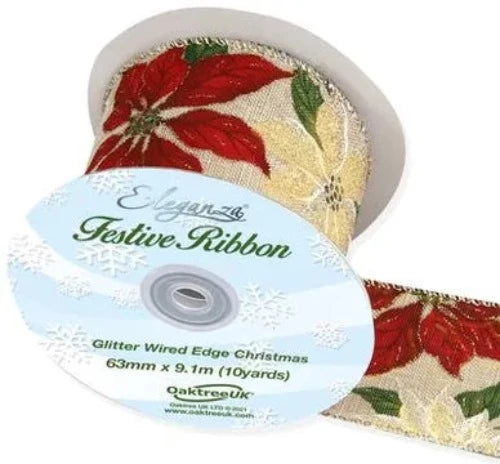 Wired Edge Glitter Poinsettia Ribbon 63mm x 9.1m