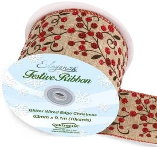 Wired Edge Natural Burlap Ribbon 63mm x 9.1m  Large Red Glitter Berries