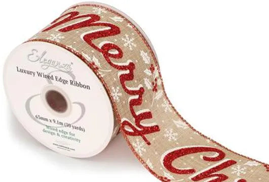 Wired Edge Glamorous Red Sparkle Merry Christmas Ribbon Roll - 63mm x 9.1m