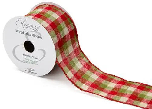 Green and Red Chequered Wired Edge Ribbon 63mm x 10 Yards