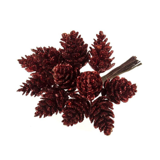 Red Glitter Pinecones on Wire - Height 10cm - Bunch of 12