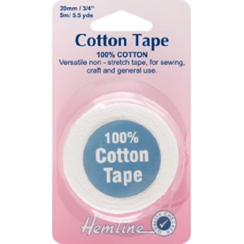 100% Cotton Non Stretch Tape 5m x 20mm - White