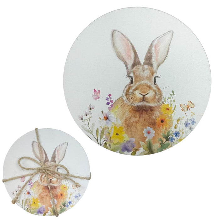 4 x 10cm White Wooden Easter Coasters with Floral Bunny Design