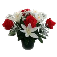 Pre-filled Rose Lily & Gypsophila Grave Pot - Red