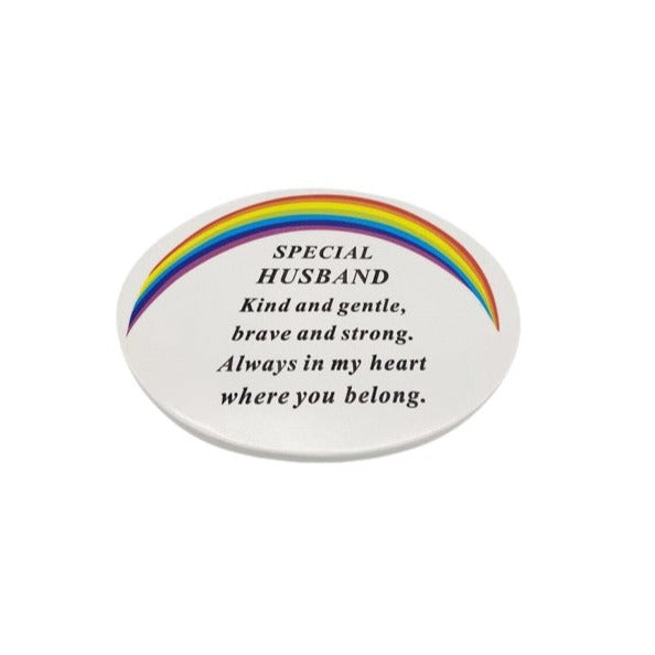 Oval White Graveside Plaque With Rainbow Detail - Husband