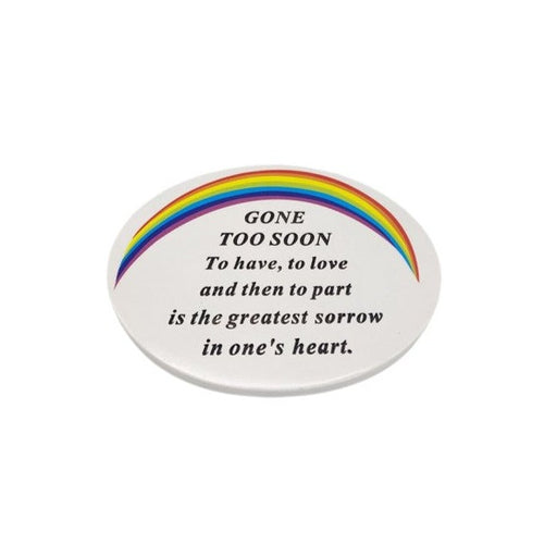 Oval White Graveside Plaque With Rainbow Detail - Gone Too Soon