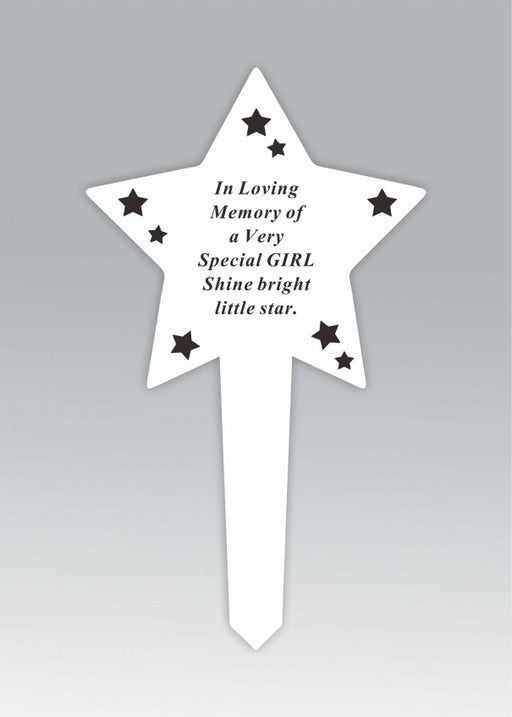 White Plastic Star Stake - in Loving Memory Of A Special Girl