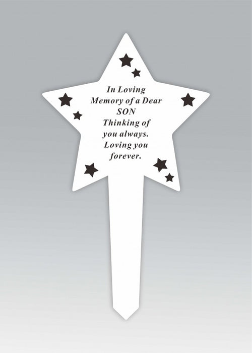 White Plastic Star Memorial Stake - In Loving Memory of a Dear Son
