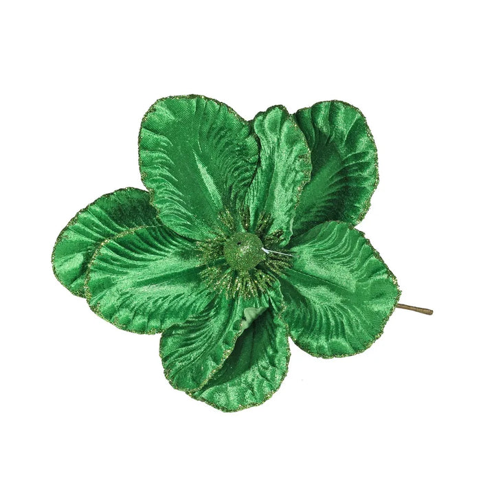 Velvet Magnolia with Glitter Edge x 24cm - Green
