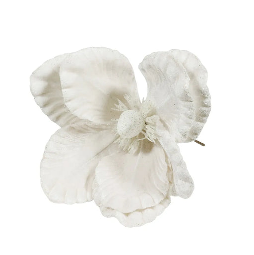 Velvet Magnolia with Glitter Edge x 24cm - White