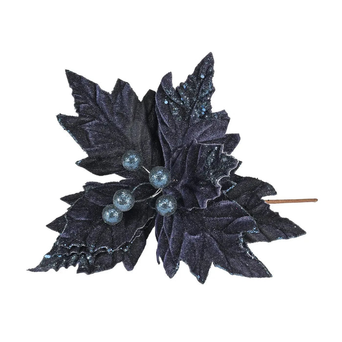 Velvet Poinsettia with Glitter edge x 24cm - Navy