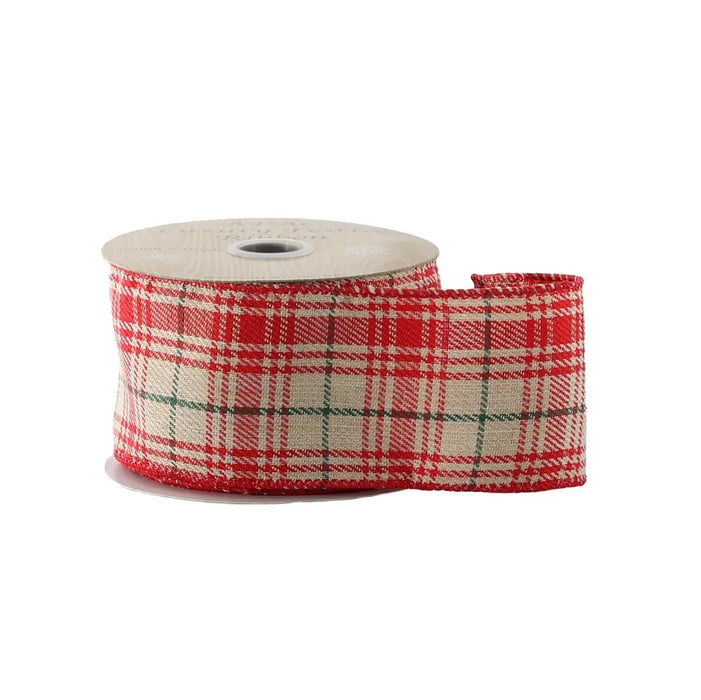Red & Cream Check Ribbon - Wired Edge -63mm x 10yds