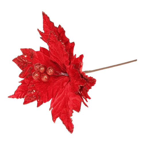 Velvet Poinsettia Flower Pick with Glitter Edge x 24cm - Red