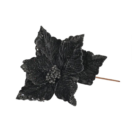 Velvet Poinsettia with Glitter edge x 24cm - Black
