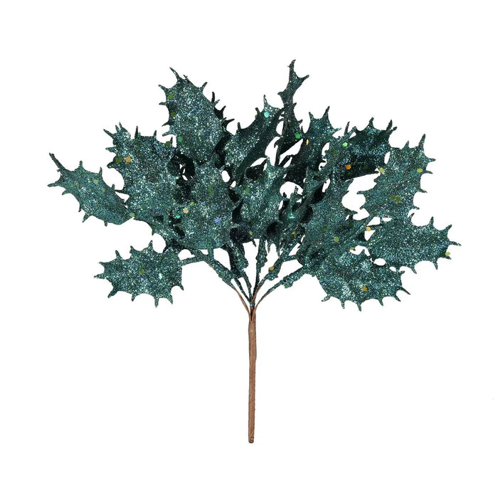 Artificial Glitter Holly Pick x 20cm - Peacock Green/Blue - Christmas Decoration