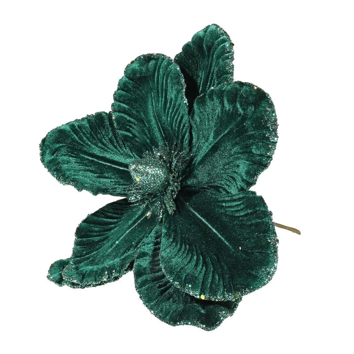 Velvet Magnolia with Glitter Edge x 24cm - Emerald