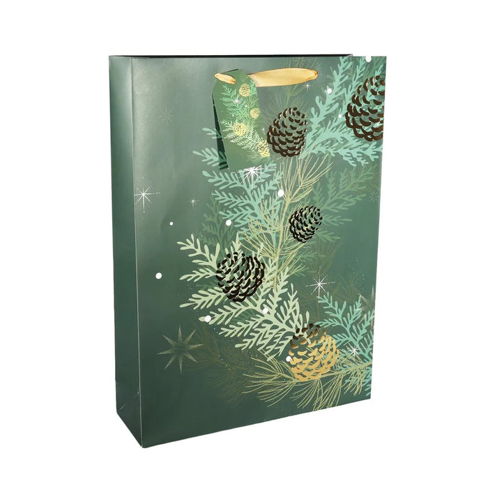 Gift Bag Christmas Foliage and Pinecones - Green / Gold XL - 45.5x33cm