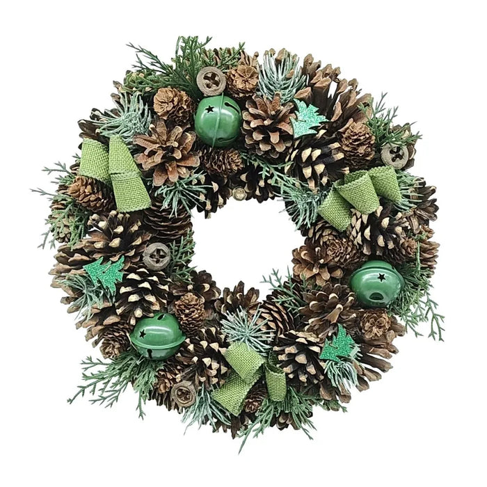 Natural Christmas Wreath With Green Ribbon Bows & bells  - 36cm