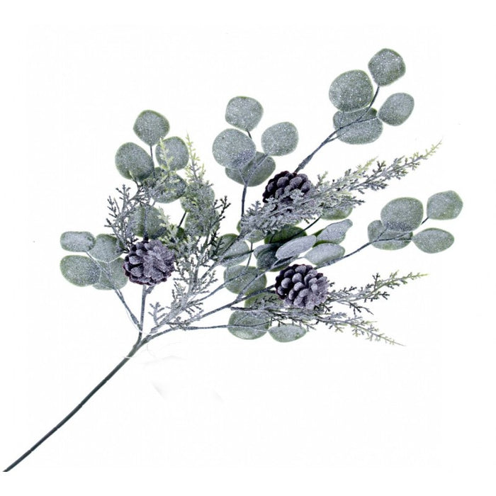 Glittered Eucalyptus & Pinecone Spray - Green/White - 60cm long
