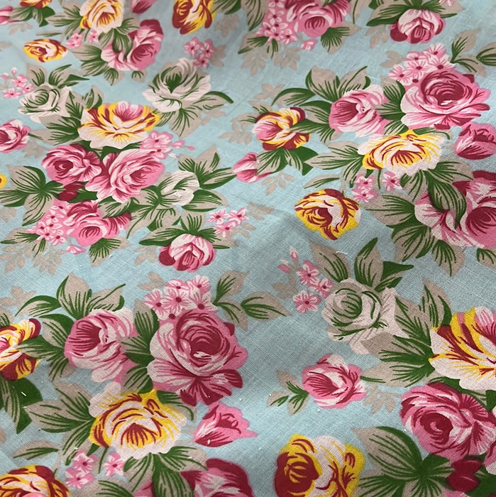 1 Metre Chic Roses on Blue Polycotton Fabric x 110cm / 43"