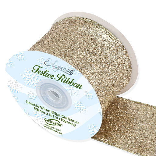 Sparkle Wired Edge Ribbon 63mm x 9.1m Light Gold