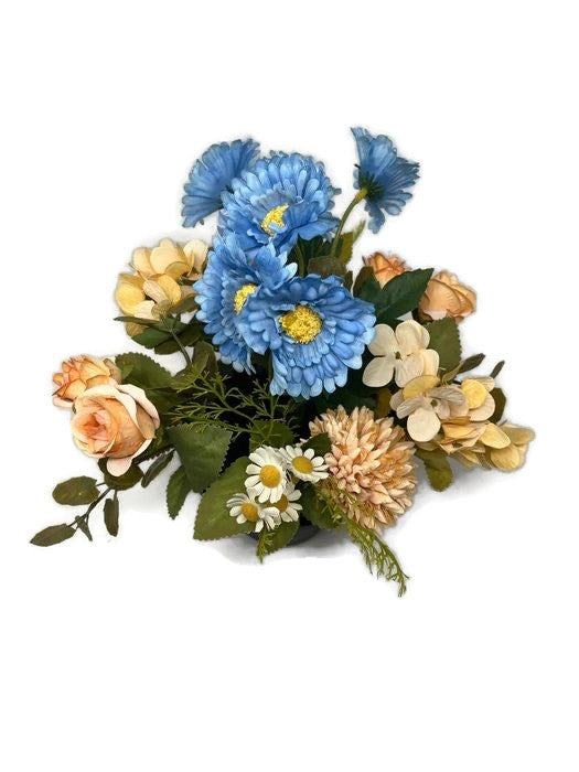 HANDMADE replacement pot with blue daisy \peach hydrangea rose