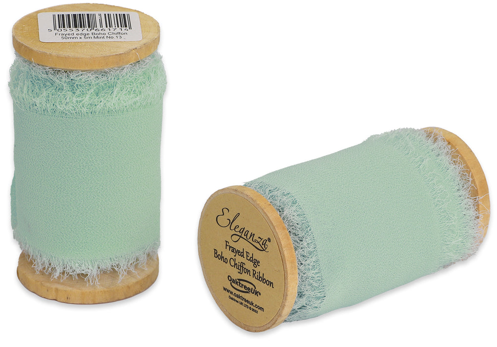 Single Reel of Frayed Edge Boho Chiffon Ribbon - 50mm x 5m - Mint