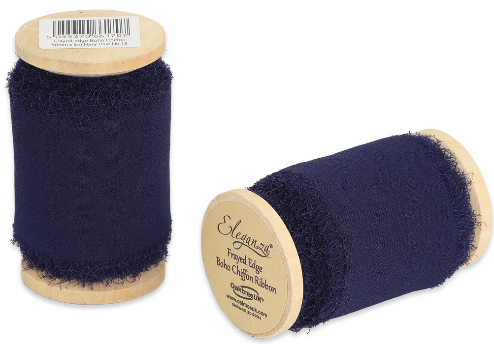 Single Reel of Frayed Edge Boho Chiffon Ribbon - 50mm x 5m - Navy