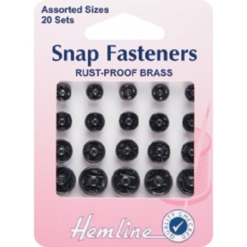 Hemline Sew-On Snap Fastener Press Stud -  Black Coated - Assorted Sizes