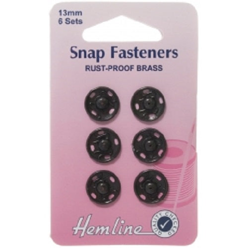 Hemline Sew-On Snap Fastener Press Stud - Black Coated x 13mm