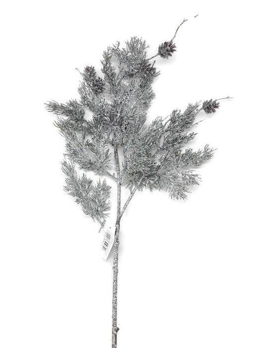 78cm Glittered Fern Spray & Mini Pine Cones - Silver