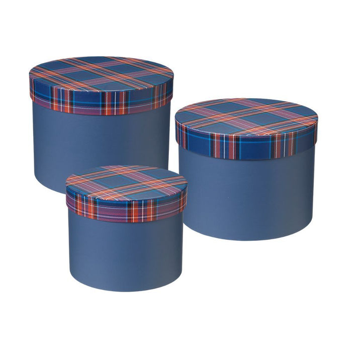 Set of 3 Hat Boxes with Tartan Lids - Midnight Blue