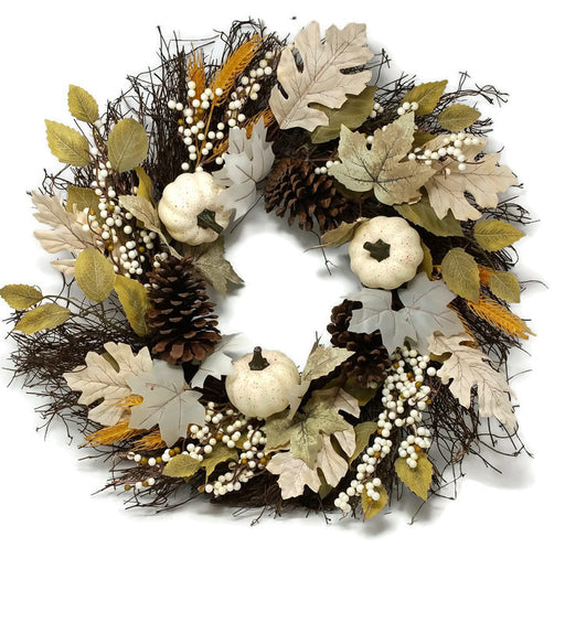 White Pumpkin & Pinecone Wreath - White/Brown (55cm diameter)