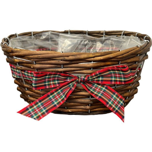 Willow Oval Basket with Tartan Ribbon x 25cm - Lined