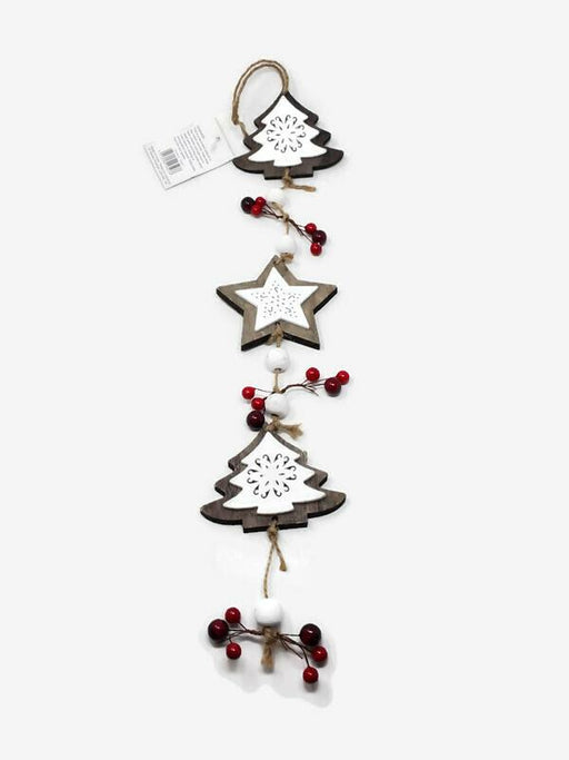 Wooden Tree & Star Hanger with Glossy Red Berries x 58cm