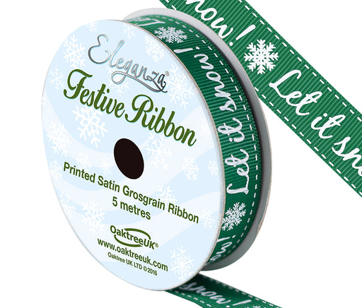 Satin Grosgrain Festive Green Ribbon - 15 mm x 5 m - Let It Snow