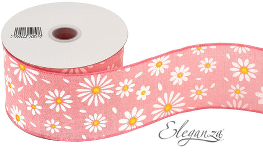 Wired Edge Ribbon White Daisies on Pink 63mm x 9.1m