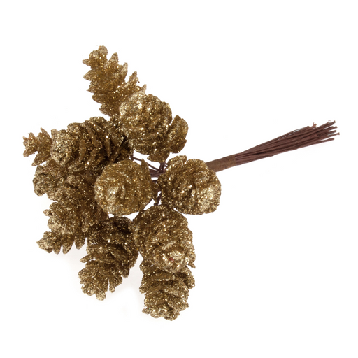 Gold Glitter Pinecones on Wire , bunch of 12
