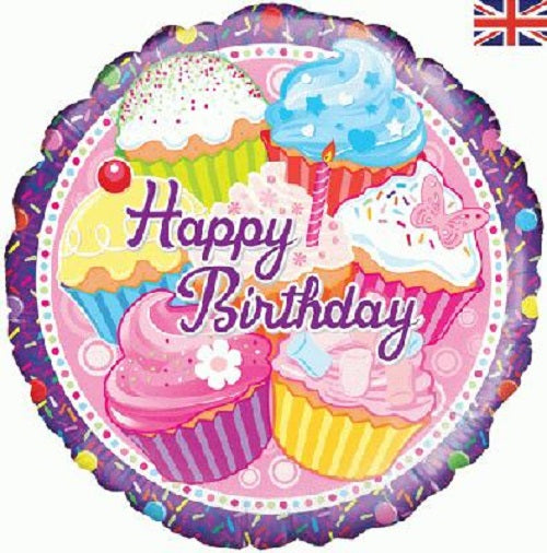 18" Foil Balloon - Happy Birthday Cupcakes