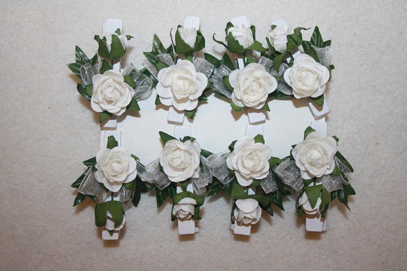 8 White Paper Rose Pegs 