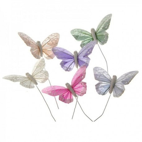 10cm Pastel Assorted Colour Glittered Wired Butterflies , 12 Per box