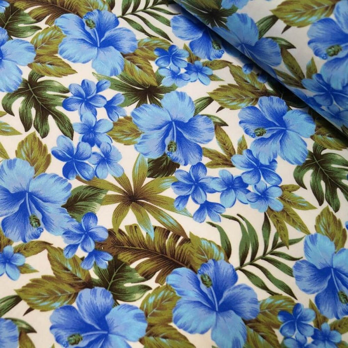 1 Metre Hawaiian Blue Hibiscus 100% Cotton Fabric x 110cm  Width T132
