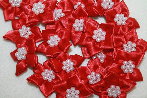 satin ribbon flower & pearl x20pcs red 