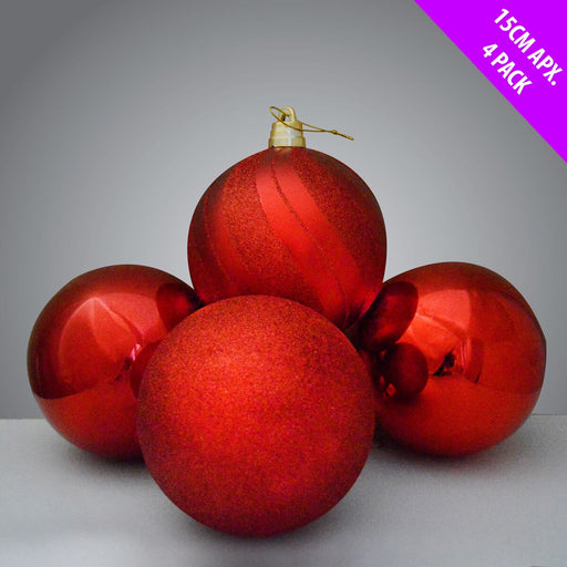 4 Giant Glittered And Shiny  Baubles x 15cm - Red
