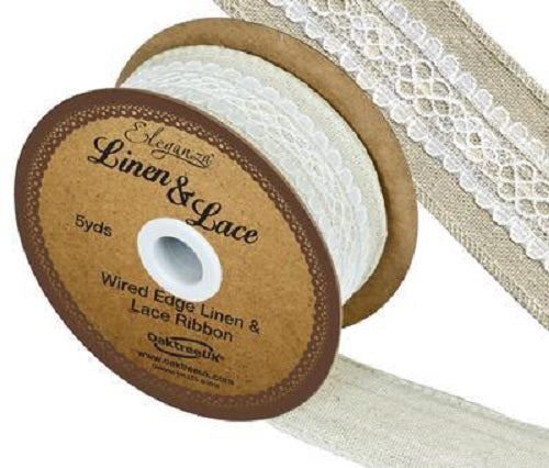 Linen and Lace Wired Edge Ribbon - 38mm x 5yds - Pattern No 353 Ivory