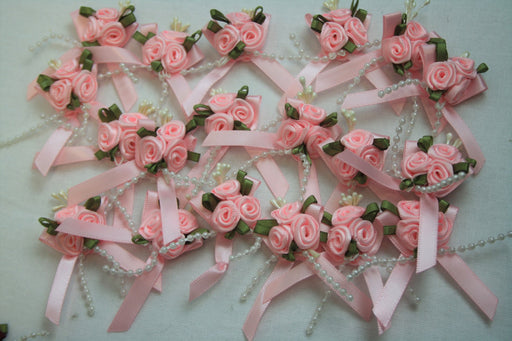 Satin Ribbon Bow with 3 Rose Cluster and Beads x 20 Pink