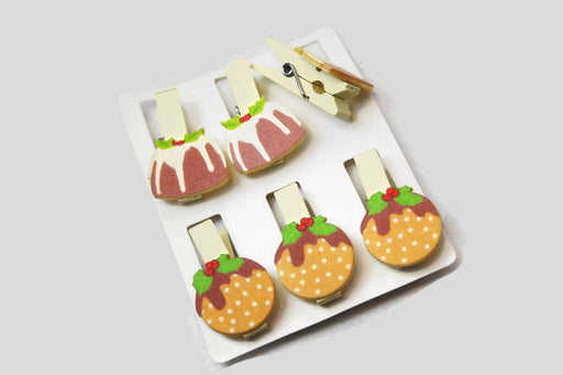 Christmas Pudding Mini Pegs - Assorted Design x 6