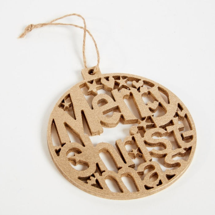 10cm Hanging Merry Christmas Wooden Bauble - Gold