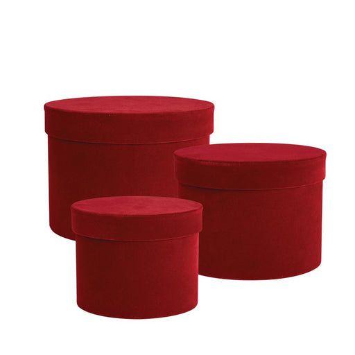 Round Burgundy Velour Hat Boxes - Set of 3